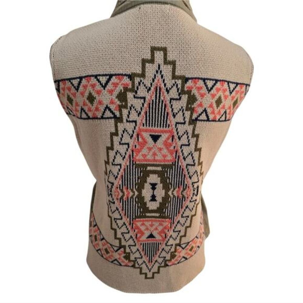 BLU Pepper Khaki Utility‎ Vest Aztec Southwestern Tribal Print Knit Back Size S